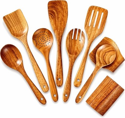 9 Piece Teak Wood Kitchen Utensil Set Heavy Duty Wooden Spoons for Cooking
