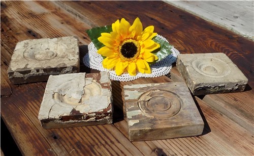 4 Plinth Blocks, Antique Bullseye Rosettes, Architectural Salvage, Wood Trim A8