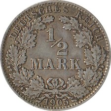 Kaiserreich J.016 1905 D Kleinm&uuml;nze 1/2 Mark Silber*