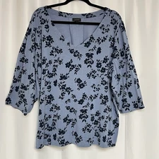 J Jill Wearever Shirt Top Blouse Size 3X Blue Floral V-Neck 3/4 Sleeve Boho