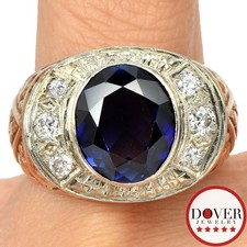 Vintage Diamond Sapphire 14K Yellow Gold Two Tone Men's Ring 18.1 Gr NR