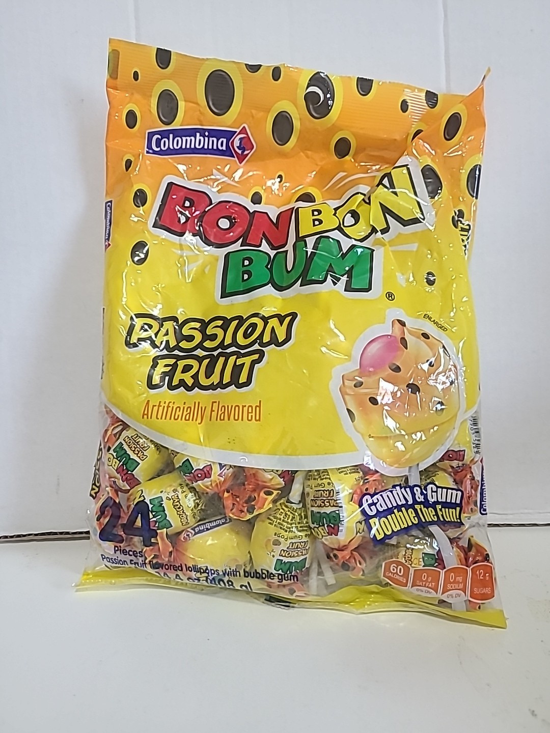 Colombina Bon Bon Bum Lollipops Bubble Gum Center Passion Fruit Flavor BB 12/24