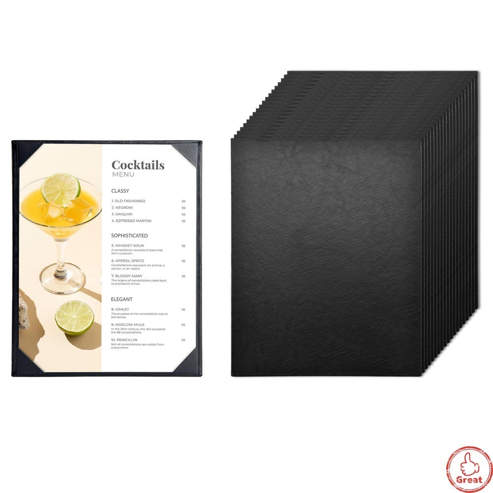 WeChef 20 Pack PU Leather Menu Covers 8.5x11 Single Page Angled Corners