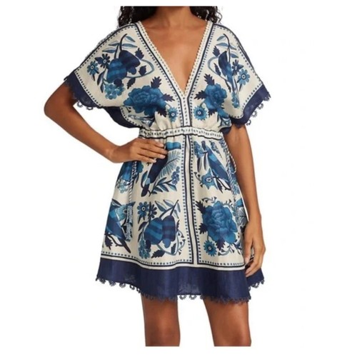 Vestido FARM RIO Azulejos Tropicales Floral Mezcla de Lino Mini Línea A Talla Mediana - Imagen 6 de 16