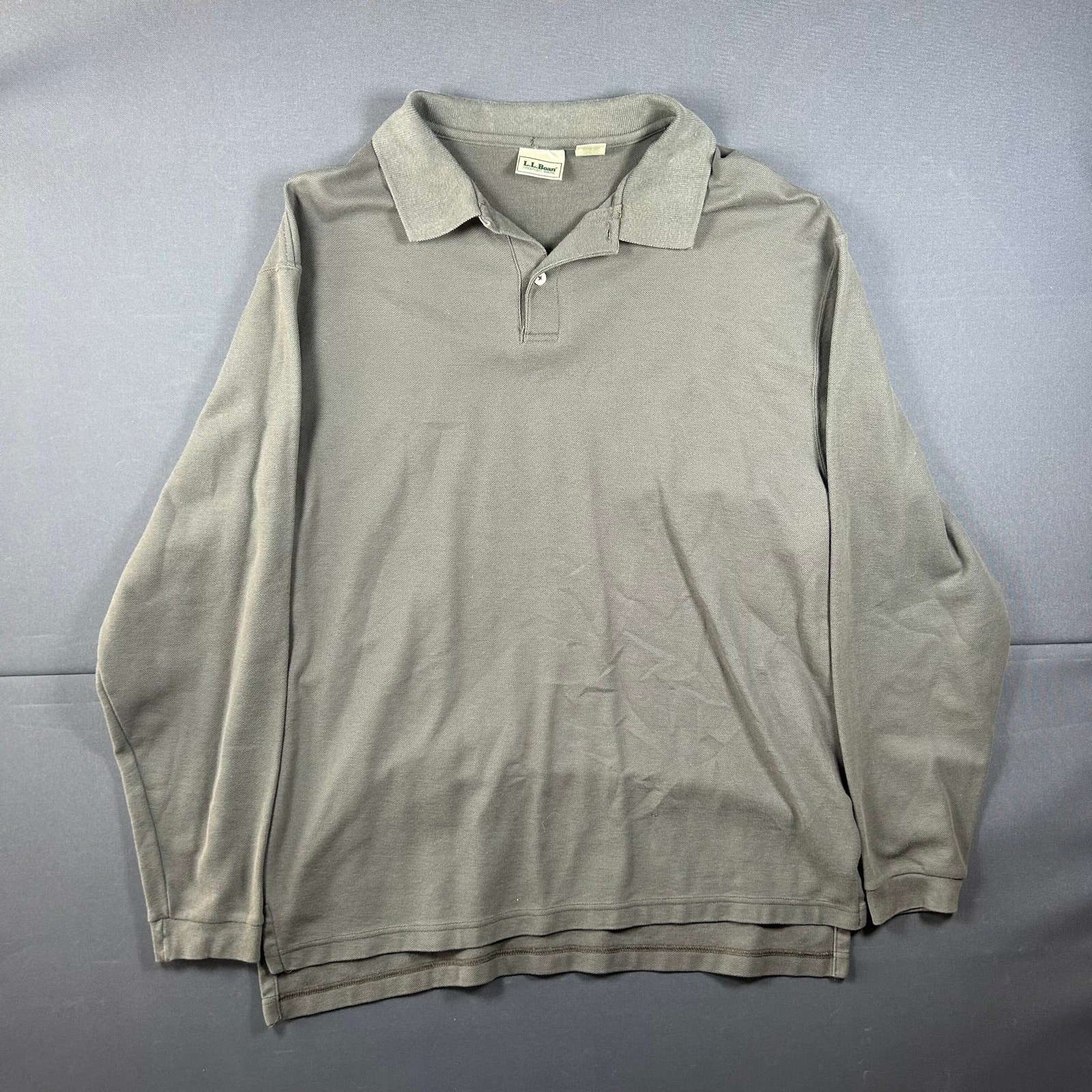VTG LL Bean Long Sleeve Cotton Polo Shirt Medium Regular Grey Sage Green Classic