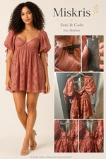 Seni & Cade Dress Medium Dusty Rose Lace Puff Sleeve Sweetheart Babydoll Mini NW