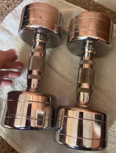 Paire d'haltères chromés avec poignée 20 lbs poids main vintage rare cap barbell - Photo 6 sur 12