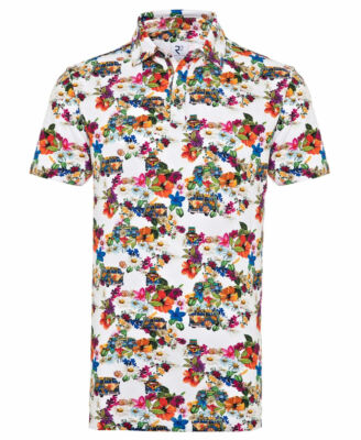 Shirt Kurzarm Poloshirt R2 Amsterdam Stretch weiss multicolor Flower Auto Print