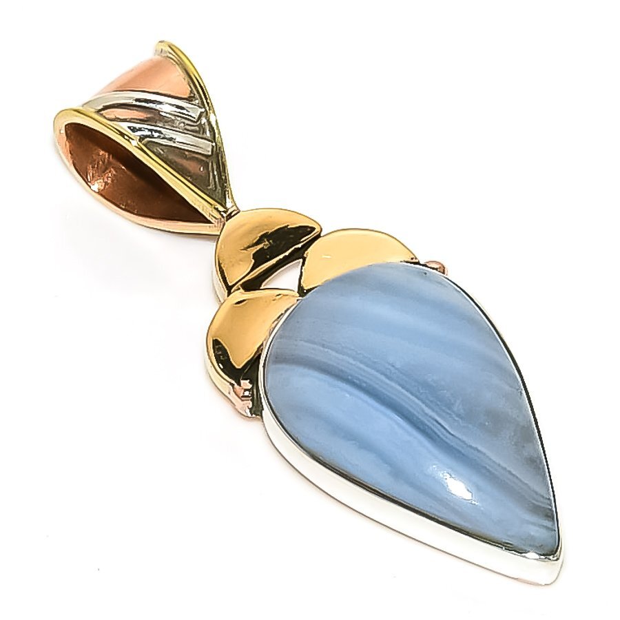 Natural Blue Lace Agate Sterling Silver Pendant 1.5 Inch