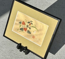 Japanese Watercolor Painting on Gold Silk Butterfly w/ Red Lantern Flower VTG