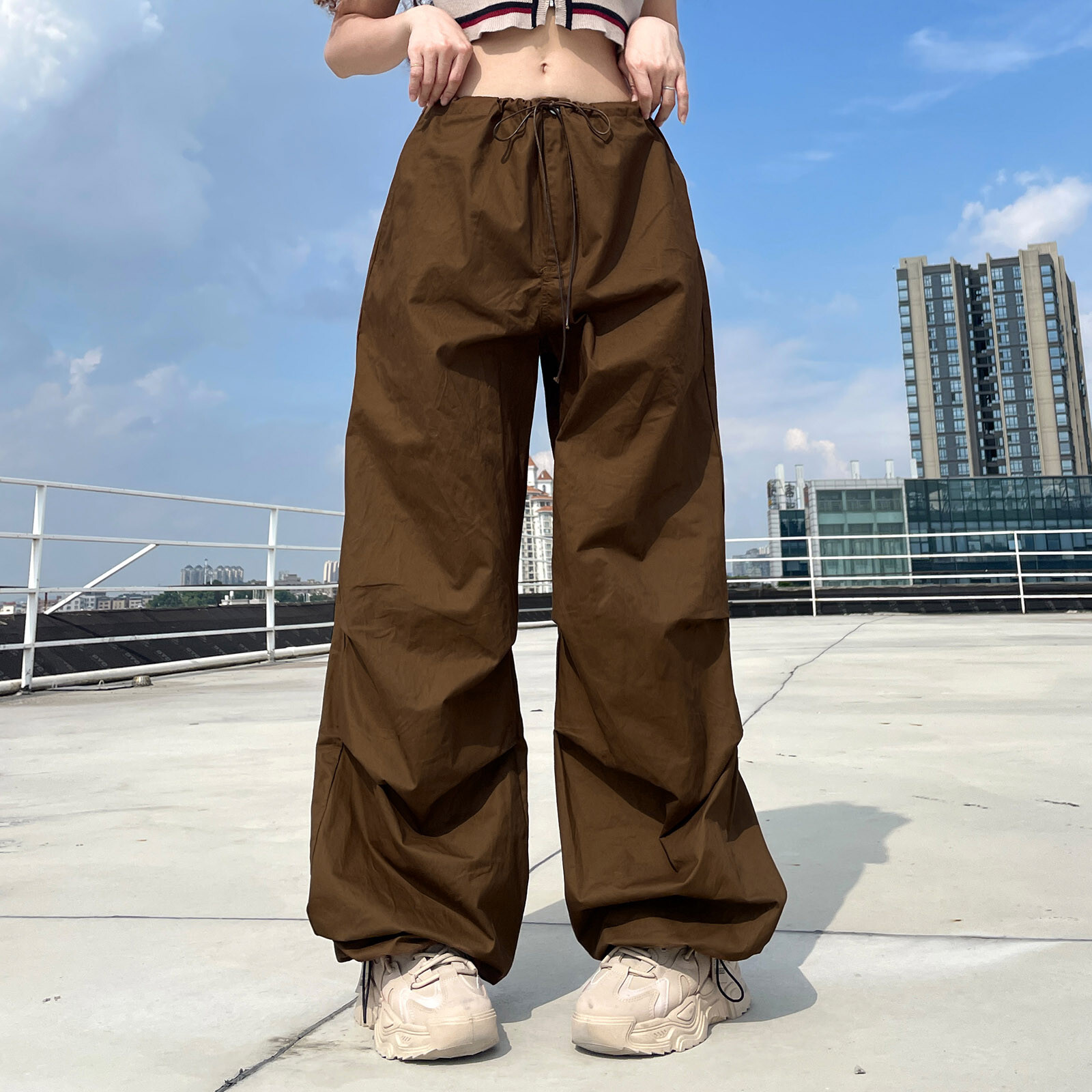 Ladies flat front poly cotton cargo work pants in tan