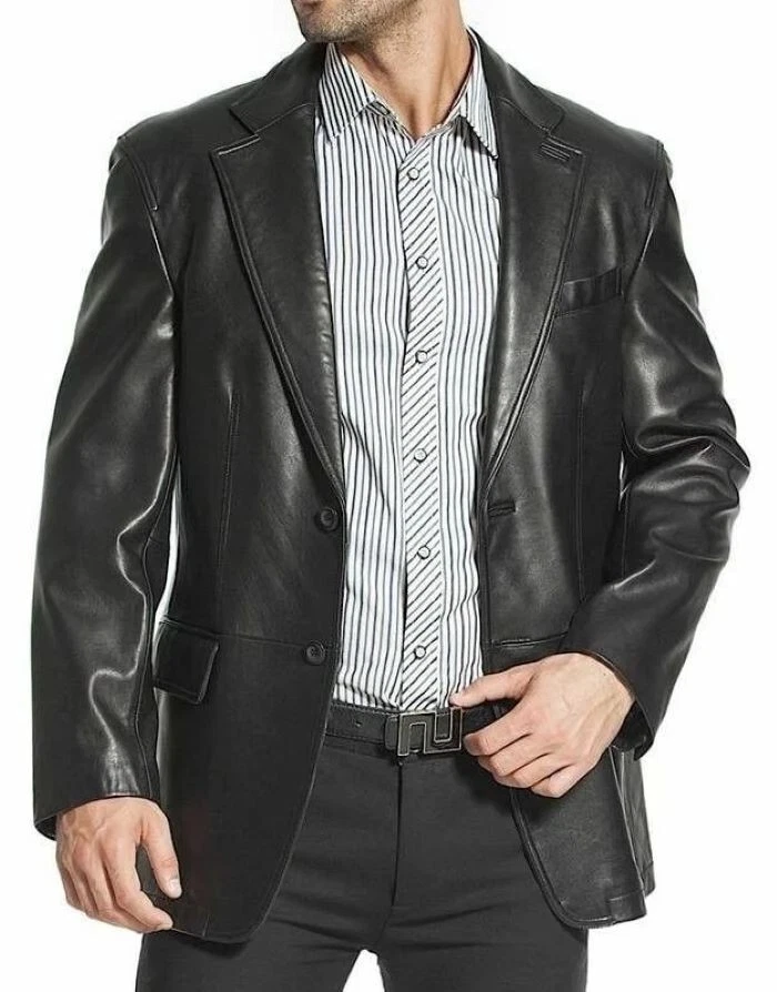 Mens Black Two Button Blazer Pea Coat Classic Lamb Real Soft Leather Jacket Coat Foto 2 de 4