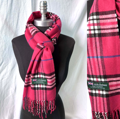 Womens Winter Warm SCOTLAND Made 100% CASHMERE Scarf Plaid Rose