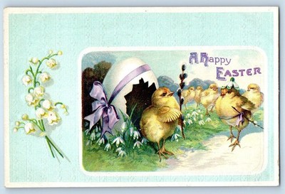 1911 Easter Hatched Egg And Chicks Pipe Berry Lilies Flowers Clapsaddle Postcard