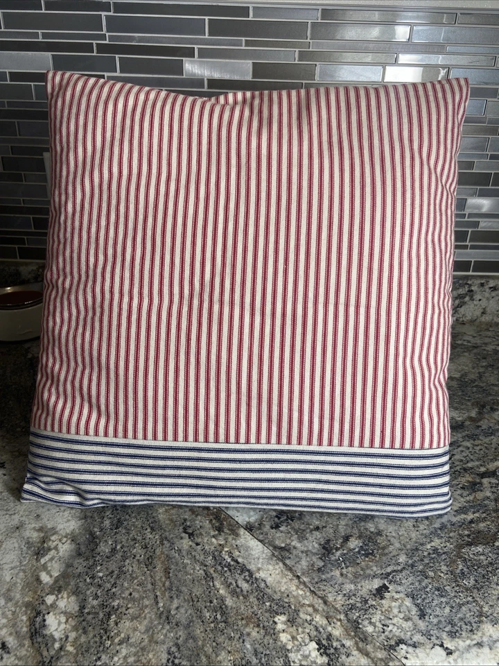 Ticking Stripe Americana Throw Pillow 16”X 16” Primitive Farmhouse Red White Blu - Image 3 of 4