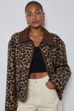 Women's Casual Oversized Leopard Graphic Corduroy Collar Fleece Jacket