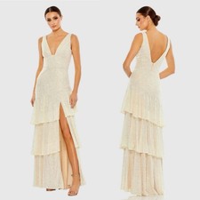 IEENA FOR MAC DUGGAL Beige Sequin Asymmetrical Ruffle Tiered Gown Size 8