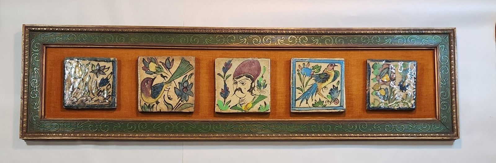 Hand-Painted VTG Persian Style Tile Wall Art Ornate Wooden Frame Floral MCM