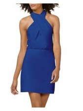 HALSTON Womens Blue Crossover Crepe Button Back Sleeveless Short Sheath Dress 4