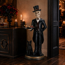 Halloween Skull Candle Holder with Glowing Green Eyes Gothic Skeleton Statue
