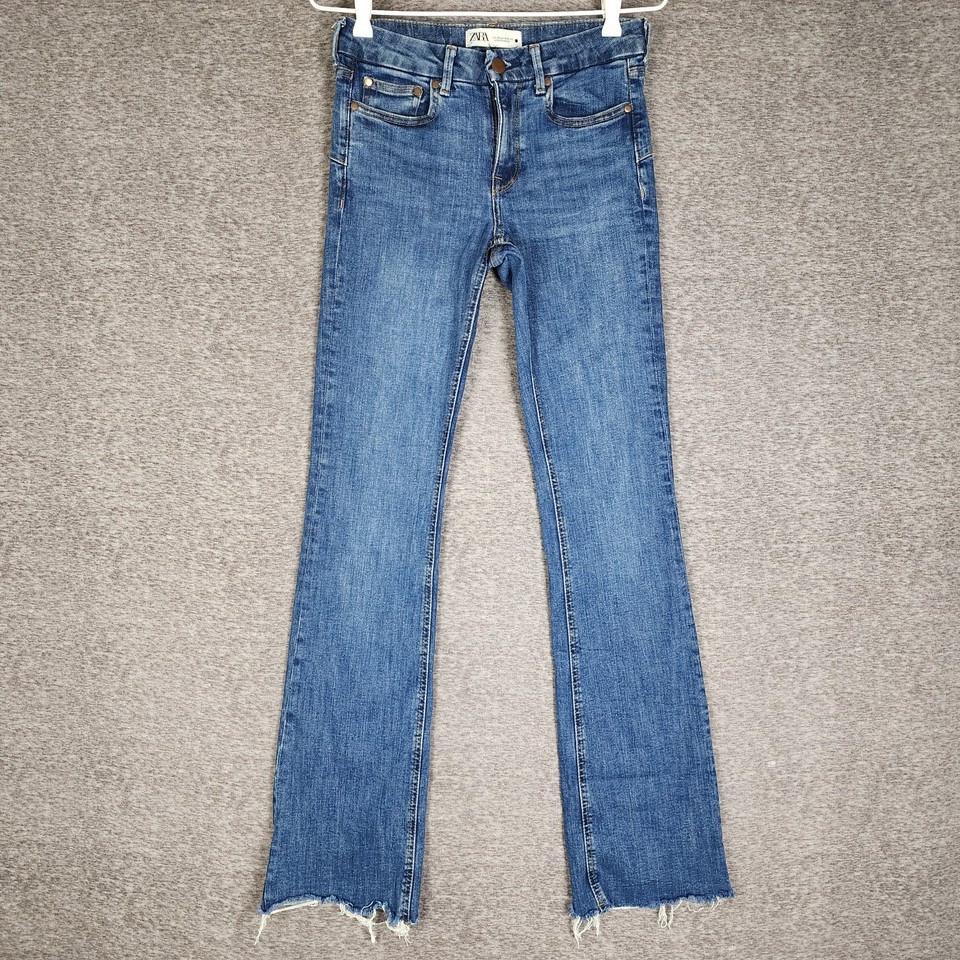 Zara Jeans Womens Size US 4 Blue Flare Stretch Denim Raw Hem