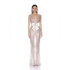 NEW BRONX AND BANCO Liora Bridal Gown , Elegant Silver Evening Gown with Bow, XS