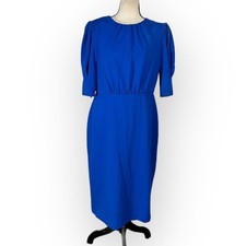 Calvin Klein Sheath Dress Women's 12 Blue Puff-Sleeve Jewel Neck Knee Length