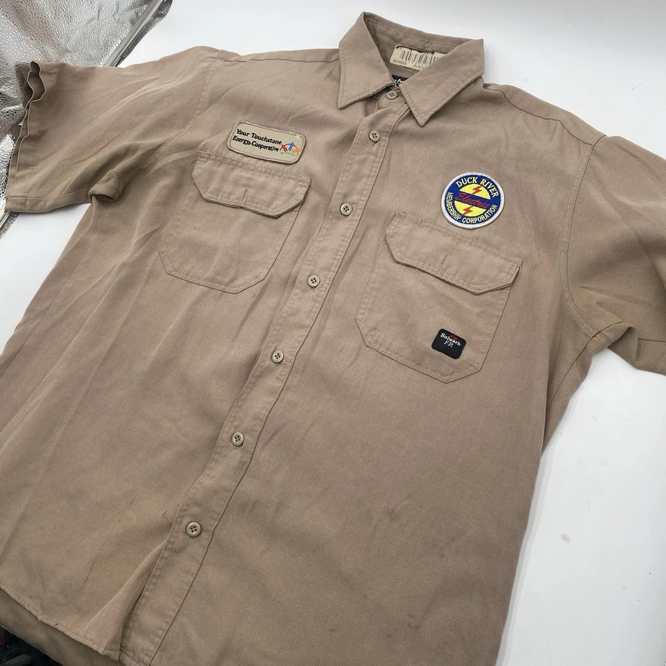 Camisa de trabajo Bulwark FR para hombre grande bronceada resistente al fuego manga corta abotonada Foto 2 de 4