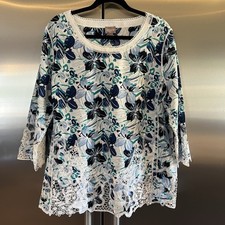 NEW Chicos Chico's Top 3 Tunic Blue Exploded Floral Embroidered Scalloped Hem