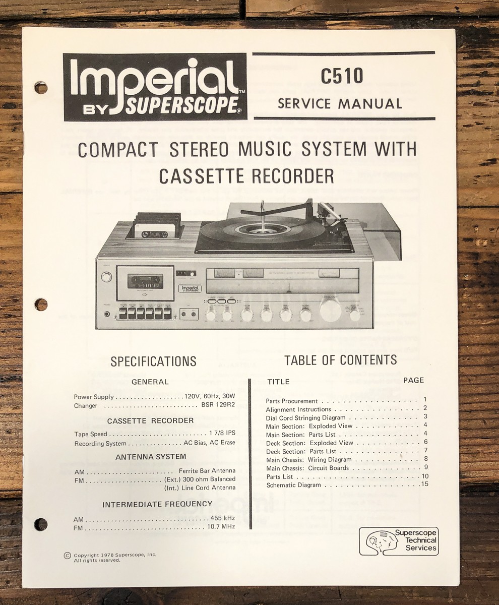 Imperial / Superscope C510 C-510 Stereo Service Manual *Original*