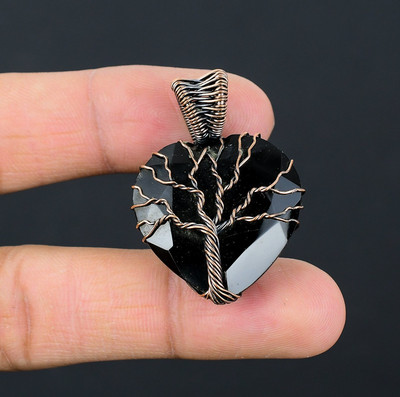 Black Onyx Gemstone Copper Wire Wrapped Handmade Tree Of Life Jewelry Pendant