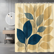 Elegant Blue and Beige Leaf Shower Curtain - Modern Fabric Design