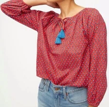 J Crew Red Tulip Print Blouse Size M Front Tassel Popover Puff Sleeve Women's