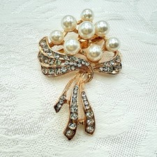Gold Tone Bouquet Brooch Floral Bundle w/ Faux Pearls  Rhinestones Wedding