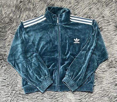 Adidas Women's 3-Stripes Teal Velour Full Zip Track Top Size M