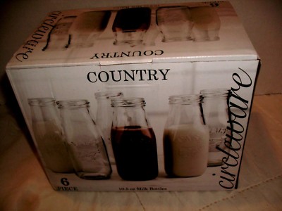 Circleware Country  Dairy  Glass Milk Bottles, Set of 6, 10.5 Ounce NEW Glasses