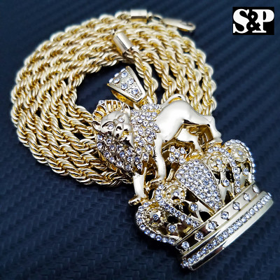 FULL ICED HIP HOP RAPPER'S LION KING CROWN FASHION PENDANT & 4mm 24'' ROPE CHAIN