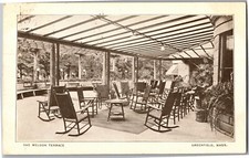 Terrace at Weldon Hotel, Rocking Chairs Greenfield MA c1910 Vintage Postcard V23