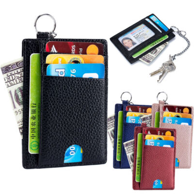 Mens Womens Leather Small ID Credit Card Holder Wallet Slim Purse with Key Chain