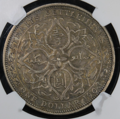 1903-B Straits Settlements $1 Dollar Raised Mintmark NGC Cleaned