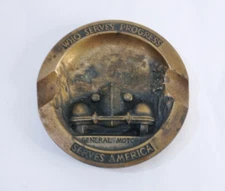 Vintage 1930's GENERAL MOTORS BRASS ASHTRAY Who Serves Progress-Serves America