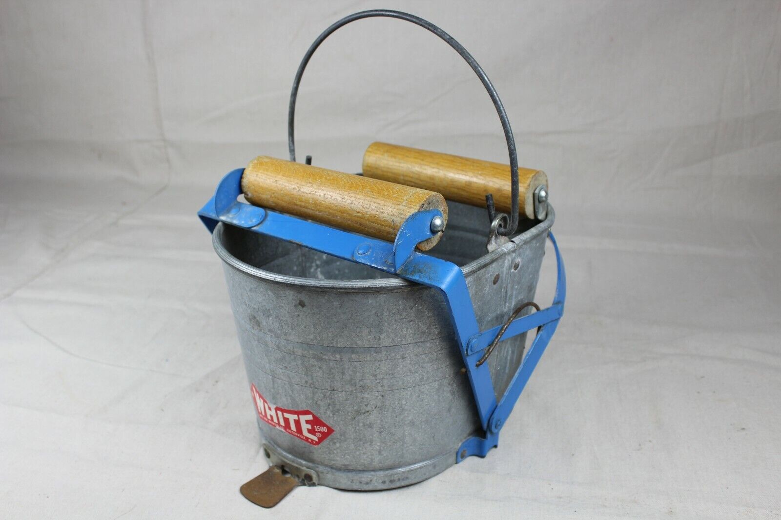 Vintage White Model 1500 Galvanized Mop Bucket Can w/ Wooden Wringer Rollers