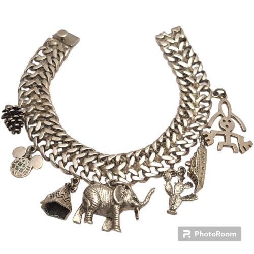  Mid-Century Taxco Mexico Sterling Silver Elephant Ship Cactus Charm Bracelet  - Picture 1 of 7