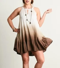 Umgee Boho Latte Ombre Ruffle Hem Swing Tunic Dress Sundress XL