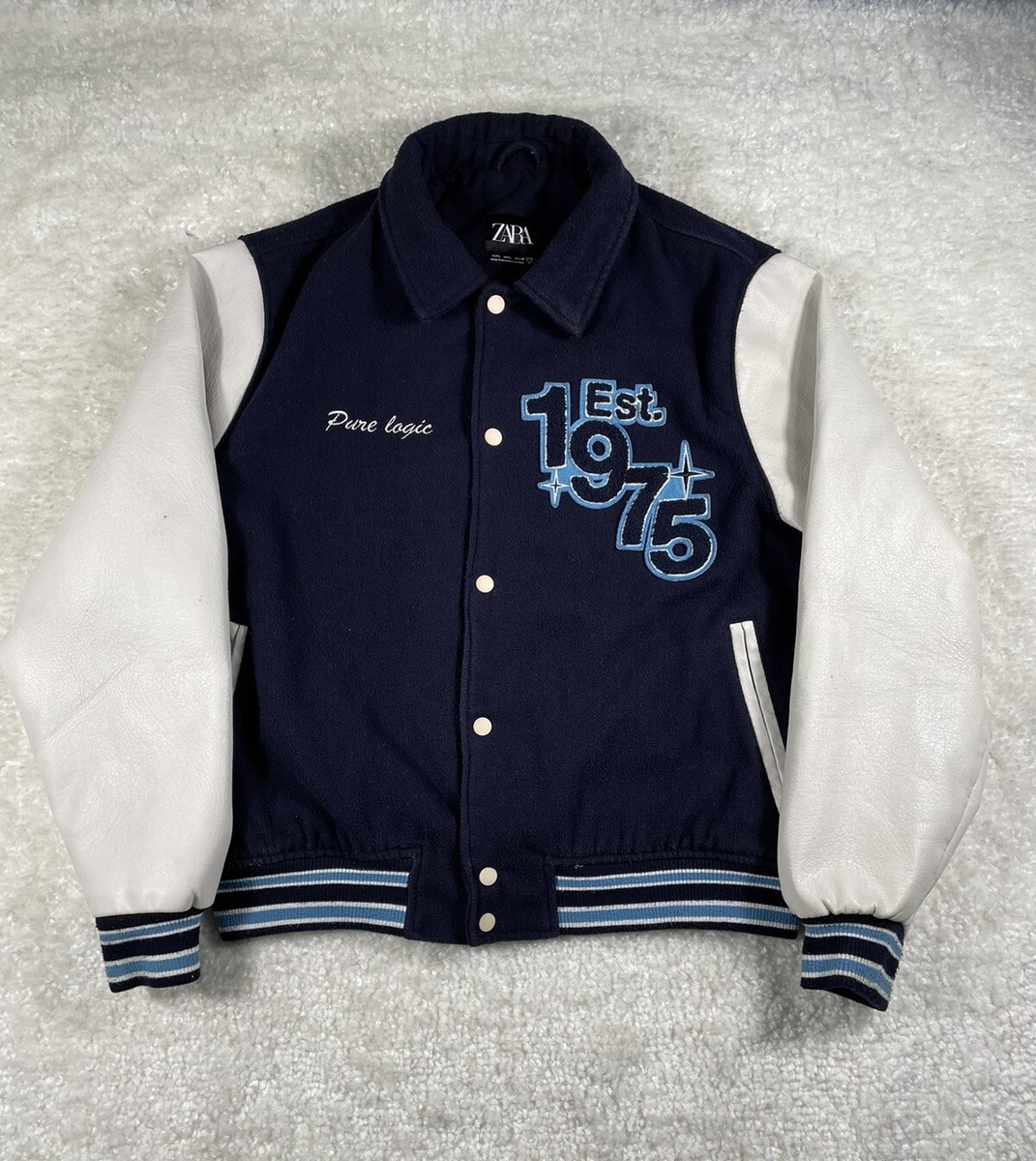 Zara Letterman Varsity Jacket Navy PURE LOGIC Sz Large | eBay