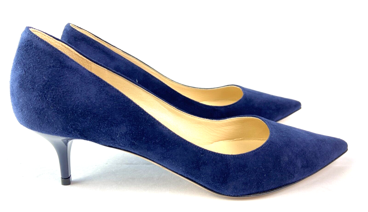 靴 jimmy choo AZA 37 Jimmy Choo Italy Aza Navy Blue Suede Pointed Toe Kitten-Heel Pumps