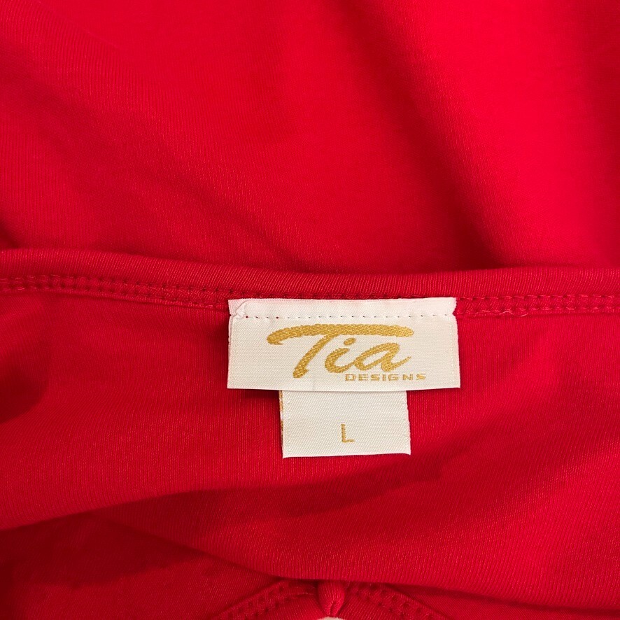 Tia T-Shirt Women's Large Red Christmas Holiday Holly Rhinestone V-Neck Tee Top