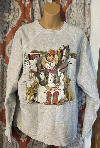 Tultex Men Or Women Sweater Grey Size XL Horse, Dogs, Snowman Graphic Logo