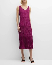 EILEEN FISHER Raspberry Tiered Pleated Crinkle Silk Midi Dress SMALL  6/8 NEW