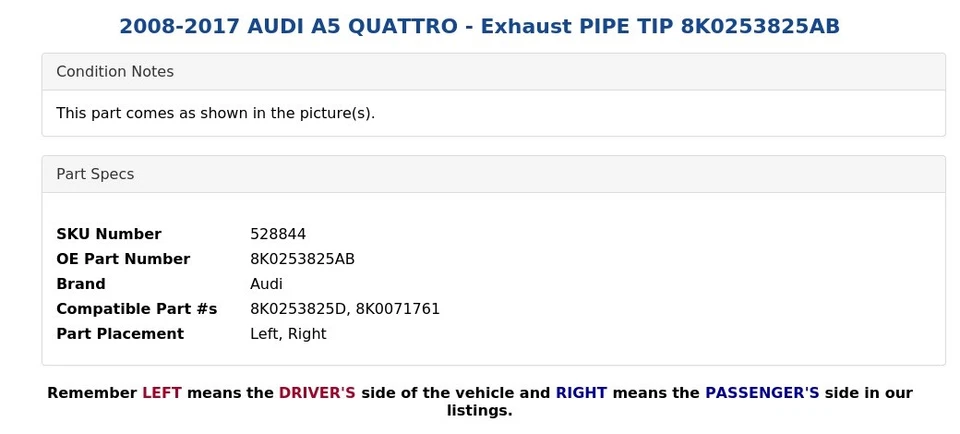 AUDI A5 QUATTRO 2008-2017 - Punta de tubo de escape 8K0253825AB Foto 3 de 4